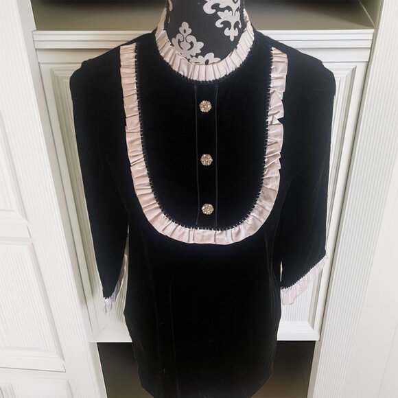 Zara Woman Black Velvet White Bib Ruffle with Jewel Buttons Cocktail Dress - Picture 3 of 10